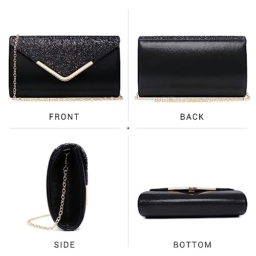 Dasein Women Evening Bags Formal Clutch Purses for Wedding Party Prom Handbags with Shoulder Strap and Glitter Flap (Black)