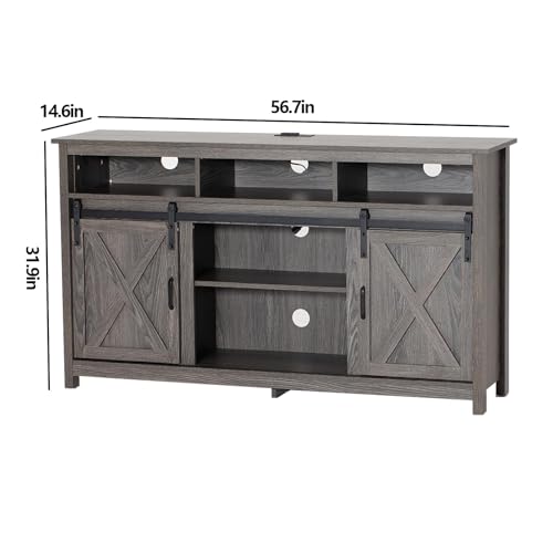 Vinctik 6&Fox 57” Wooden Farmhouse TV Stand for 60/65 inch TV,Double Layer Storage Entertainment Center TV Console Table,w Double-Row Sockets and 2 Sliding Barn Door,Media Cable Box(Grey Wash)