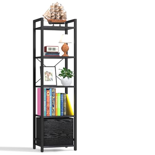 Narrow-Bookshelf-With-Storage-Drawer, 5-Tier Small Standing Book Shelf Organizer For Small Space, Tall Thin Bookcase Shelf For Bedroom Living Room Office, Wooden Shelving Unit Rack For Display