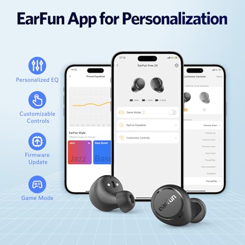 EarFun Free 2S Wireless Earbuds, [Upgraded Version] Bluetooth Earbuds with Deep Bass, 4 Mics for Clear Call, Customizable EQ App, IPX7 Waterproof in-Ear Headphones, 30H Playtime, Wireless Charging