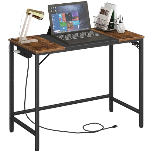 HOOBRO Computer Desk, Home Office Desk with Power Outlet, Modern Study Writing Desk with 3 Hooks for Study Room, Home Office, Sturdy and Stable, Easy to Assemble, Charcoal Gray and Black BC40UDN01