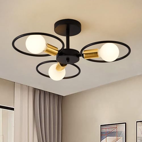 KPWONY Modern Sputnik Chandelier 3-Light Semi Flush Mount Ceiling Light Fixture Black and Gold Chandelier Ceiling Light with E26 Base Sputnik Lights Fixture for Dining Room Bedroom Hallway Living Room