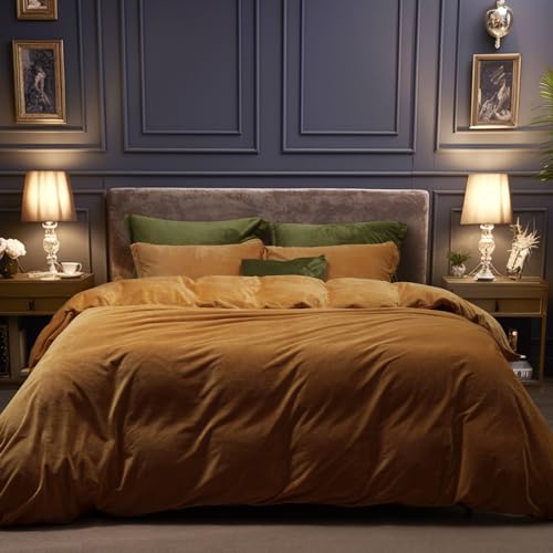 PHF Super Soft Velvet Duvet Cover Queen Size, 3pcs Luxurious Breathable Velour Fluffy Comforter Cover with 8 Ties, Cozy Flannel Duvet Cover with Pillow Shams, Zipper Closure, 90"x90", Camel