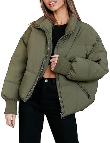 Yimoon Women's Winter Cropped Puffer Jacket Crop Warm Quilted Jacket Short Padded Outerwear Coats (ArmyGreen-S)