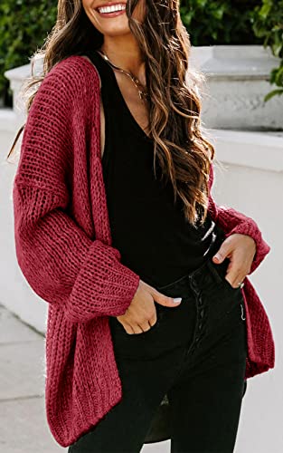 PRETTYGARDEN Casual Loose Open Front Womens Sweaters Fall Lightweight Midi Long Cardigan for Women Back Letters (Wine Red, Medium)