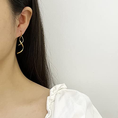 14K Gold Spiral Threader Earrings Handmade Sterling Silver Curve Dangling Drop Pull Through Earrings