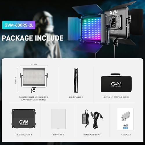 GVM RGB LED Video Light with Lighting Kits, 680RS 50W Led Panel Light with Bluetooth Control, 2 Packs Photography Lighting for YouTube Studio, Video Shooting, Gaming, Streaming, Conference