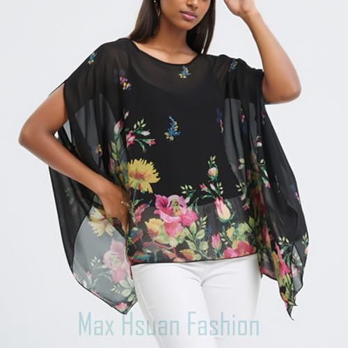 Max Hsuan Women's Loose Solid Sheer Chiffon Caftan Poncho Batwing Tunic Top Blouse Summer Oversized Shirts Floral White