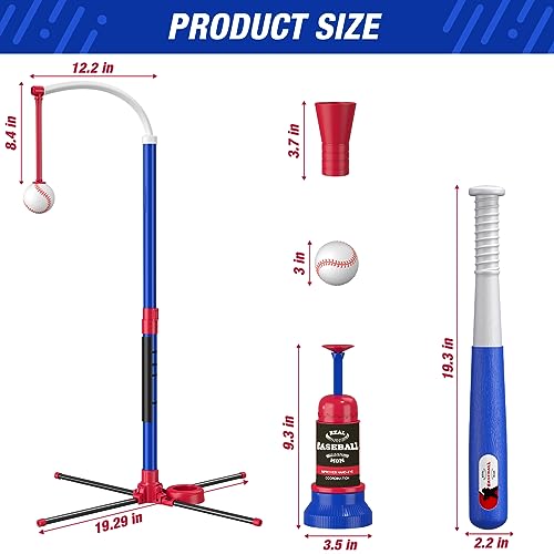 HYES 3-in-1 Baseball Set for Kids 3-5 - Tee Ball Stand, Hanging Tee, Ball Launcher and 6 Softballs - Adjustable Height, Indoor/Outdoor Sport Gifts for Boys, Blue