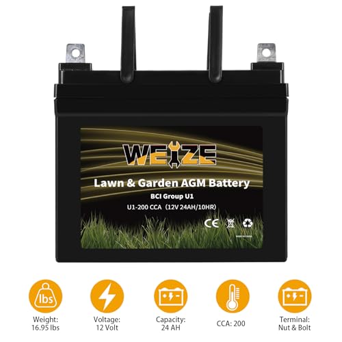 Weize Lawn & Garden AGM Battery, 12V 200CCA BCI Group U1 SLA Starting Battery for Lawn, Tractors and Mowers, Compatible with John Deere, Toro, Cub Cadet, and Craftsman