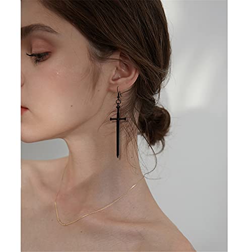 KVANU Unique Handmade Punk Gothic Long Dagger Sword Earrings Personalized Vintage Silver Knife Dangle Drop Earrings for Women Trendy Men Statement (Black)
