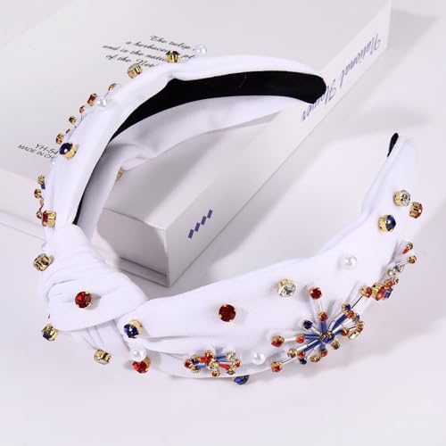 ZOLEAROPY 4 th of July Knotted Headband Celebration American Flag Fireworks Knot Hairband Pearl Rhinestone Jeweled Wide Patriotic Head Band USA Independence Day Headband