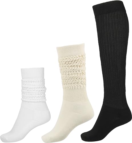 BomKinta Slouch Socks Women Thigh High Boot Socks Soft Scrunch Socks Size 5-11 3 Pair Pack Black White Cream