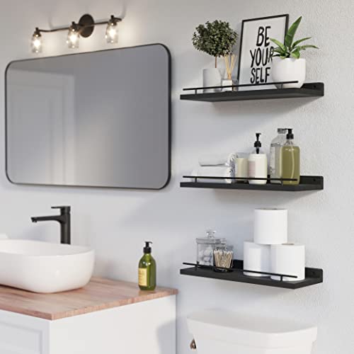 WOPITUES Floating Shelves with Black Metal Guardrail, Shelves for Wall Decor Set of 3, Wall Shelves for Bedroom, Bathroom, Kitchen, Living Room, Plants, Picture Frames, Art- Black