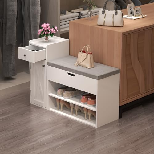 Loomie Shoe Storage Bench, 2-Tier Farmhouse Entryway Bench with Lift Top Storage Box, Drawer & Soft Removable Seat Cushion, Silm Shoe Rack with Shoe Cabinet for Entryway, Hallway, Bedroom, White