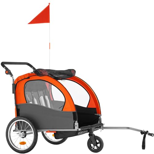 VEVOR Bike Trailer for Toddlers, Kids, Double Seat, 100 lbs Load, 2-in-1 Canopy Carrier Converts to Stroller, Tow Behind Foldable Child Bicycle Trailer with Universal Bicycle Coupler, Orange and Gray