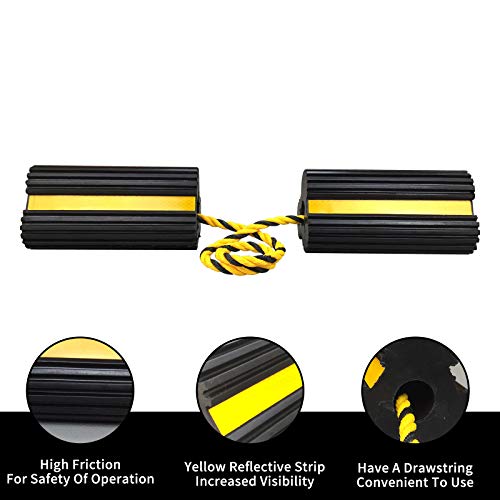 ROBLOCK Heavy Duty Wheel Chocks, Rubber Wheel Block Non-Slip Base with Nylon Rope Yellow Reflective Tape - 1 Pair Black, Wheel Stoppers for Travel Trailers, RV, Aircraft, Car, Camper, Truck