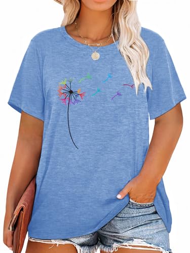 HDLTE Plus Size Butterfly Shirt for Women Daisy Graphic Tees Short Sleeve Plus Size Casual Tops (Grey burtterfly, 1X)