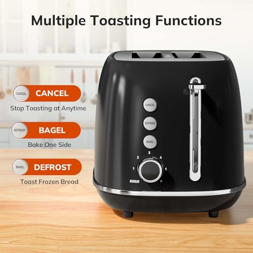 2 Slice Toaster Retro Stainless Steel Toaster with Bagel, Cancel, Defrost Function and 6 Bread Shade Settings Bread Toaster, Extra Wide Slot and Removable Crumb Tray (Black)
