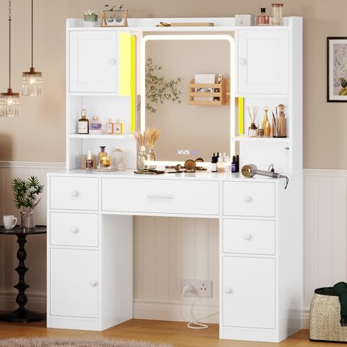 Tiptiper Large Vanity Desk with Mirror and Lights, Makeup Vanity with Lights and Charging Station, Vanity Table with Smart Mirror with Time Display, Makeup Table with 5 Drawers, White