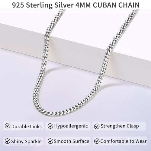 ONLVULF Solid 925 Sterling Silver Chain Necklace for Men Women, 4mm Miami Mens Cuban Link Chain Necklace for Men, Sturdy & Comfortable Men's Chain Necklace, Mens Chain 16 Inch