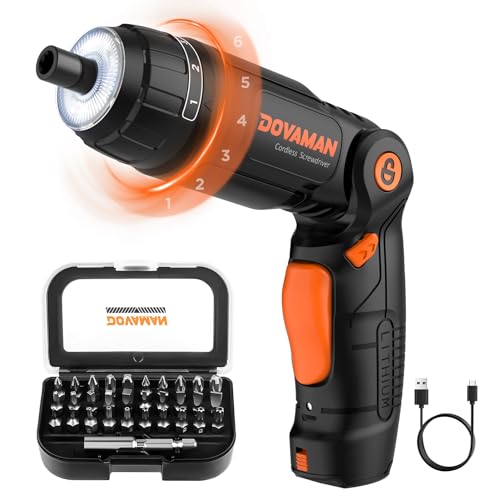 DOVAMAN DES01A Electric Screwdriver, 4V Cordless Screwdriver w/ 31 Bits, 3-Position Handle, 2000mAh Battery, LED ＆ Flashlight, 6 Torque, Lightweight Power Screwdriver w/Accessories Case ＆ USB Cable