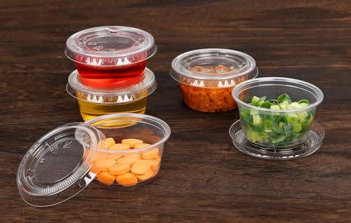 EDI [1 OZ, 100 Sets] Clear Disposable Plastic Portion Cups with Leakproof Lids | Jello Shot Cups | Condiment and Dipping Sauce Cups | Souffle Cups | BPA Free | Recyclable