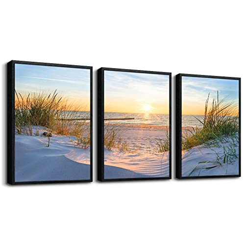 Black Framed Wall Art For Living Room Wall Decor For Bedroom Sun Blue Beach Wall Pictures Artwork Office Wall Decorations Seascape Paintings Home Decor Works Set Of 3 Piece Framed Art Prints 12"X16"