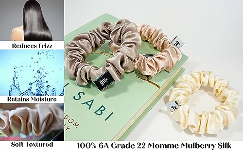 Hair Tiger 100% Mulberry Silk Scrunchies Perfect for Sleeping, Hypoallergenic and Gentle Silk Hair Ties to Prevent Frizz, Tangles and Breakage (Medium and Skinny) (Black and Taupe), Set of 4