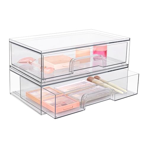 Vtopmart 12''W Clear Stackable Storage Drawers,2 Pack Acrylic Plastic Organizers Bins for Makeup Palettes, Cosmetics, and Beauty Supplies,Ideal for Vanity, Bathroom,Cabinet,Desk Organization