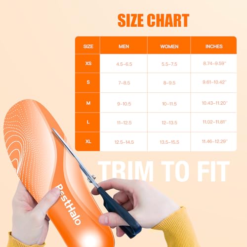 BestHalo Plantar Fasciitis Insoles - High Arch Support Inserts, Gel Cushion, Relief for Flat Feet - 220+ lbs Orthotics Insoles Ideal for Work Boots (Orange, Men 7-8.5 | Women 8-9.5)