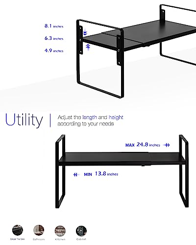 Nxconsu Cabinet Shelf Expandable Height Adjustable Organizer Riser for Kitchen Cabinet Pantry Cupboard Under Sink Countertop Organization Storage Space Saver Stackable Heavy Duty Metal Black