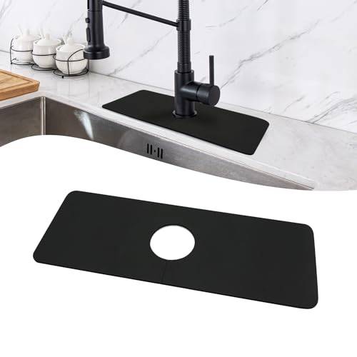 LOPNUR Faucet Mat for Kitchen Sink, 14.5 Inch Short Kitchen Sink Splash Guard Behind Faucet, Cuttable Kitchen Faucet Mat for Bathroom Sink Faucet Mat Splash Guard with Absorbent Diatomite, Black