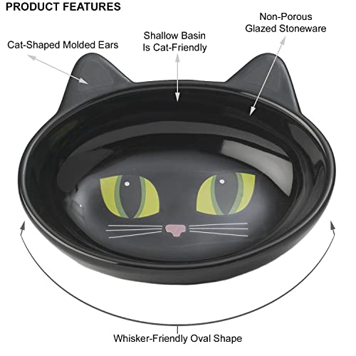 PetRageous 10011 Oval Frisky Kitty Stoneware Cat Bowl 5.5-Inch Wide and 1.5-Inch Tall Saucer with 5.3-Ounce Capacity and Dishwasher Safe is Great for Cats, Ceramic, Black
