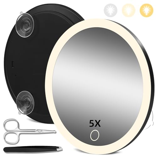 5X Magnifying Mirror with Lights, Makeup Magnifying Mirror with Suction Cups, 6'' Magnifying Mirror with 3 Color Lights and Adjustable Brightness, 5X Travel Magnification Mirror Large Magnified Mirror