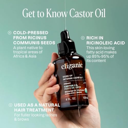 Cliganic Organic Castor Oil, 100% Pure (8oz with Eyelash Kit) - For Eyelashes, Eyebrows, Hair & Skin | Natural Cold Pressed Unrefined Hexane-Free (Packaging May Vary)