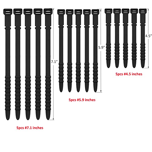 Silicone Zip Ties, Reusable Zip Ties, Rubber Cable Ties Straps for Wire Management, Elastic Silicone Ties Cable Organizer for Home Office, Cord Ties in Three Sizes 4.5" 5.9" and 7.1" (5+5+5 Pcs Black)
