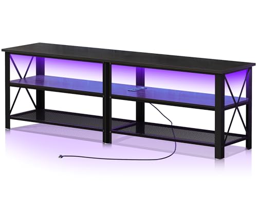Clikuutory Modern Black 63 inch Metal TV Stand with LED Lights and Power Outlets for 40 50 55 60 65 70 Inch TVs, 3 Tier Television Stands with Entertainment Center and Storage for Living Room, Bedroom
