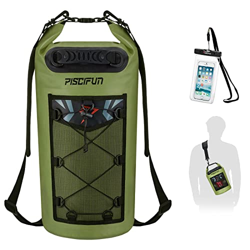 Piscifun Dry Bag, Waterproof Floating Backpack 5L with Waterproof Phone Case for Boating, Kayaking, Fishing, Army Green 5L