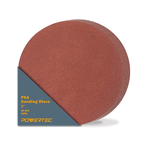 POWERTEC 45506-P3 5-Inch PSA Sanding Disc, 60 Grit, Aluminum Oxide Adhesive Sandpaper for Random Orbital Sander, 1x30 Belt Disc Sander, 60 PK