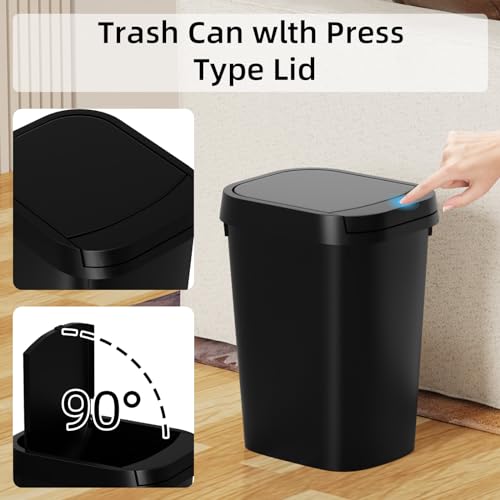 KSSKSS 3 Pack Bathroom Small Trash Can with Lid, 2.6 Gallon Slim Garbage Bin with Pop-Up Lid, 10L Plastic Wastebasket with Press Top Lid for Bedroom, Office, Kitchen, Toilet (Black)