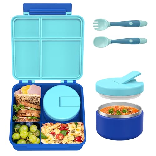 Bento Lunch Box with 8oz Soup Thermo, Leak-Proof Lunch Containers with 4 Compartment, Thermo Hot Food Jar and Insulated Lunch Bag for School Black