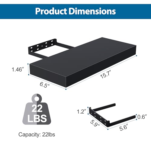 BONTEC 16 Inch Floating Shelves for Wall, Wood Bathroom Wall Shelves Set of 2, Wall Mounted Farmhouse Decor for Bathroom, Bedroom, Living Room, Kitchen and Office, Holds 22lbs, Black