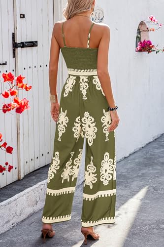 PRETTYGARDEN Women's Summer Boho Jumpsuits One Piece Beach Vacation Outfits Spaghetti Strap Wide Leg Pants Rompers (Army Green,Small)