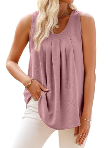 EVALESS Petite Cute Summer Dressy Casual Sleeveless Tops for Women 2024 Trendy Basic Pleated Scoop Neck Tank Top for Women Loose Fit Ladies Tops and Blouses Flowy Camisole Tops Pink Small