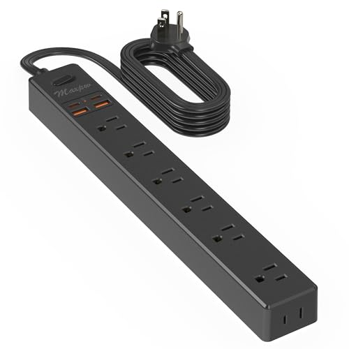 6 Ft Power Strip Surge Protector - 7 Outlets 4 USB Ports (2 USB C), Maxpw Ultra Thin Flat Extension Cord & Flat Plug, 1700 Joules, Wall Mount, Desk Charging Station for Home Office Dorm, Black