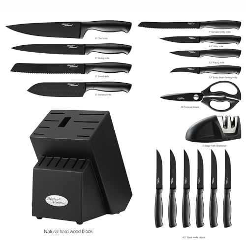 Marco Almond® Gold Knife Set, Knife Block Set MA21,Titanium Coated 14 Pieces Stainless Steel Chef Gold Kitchen Knife Sets with White Block