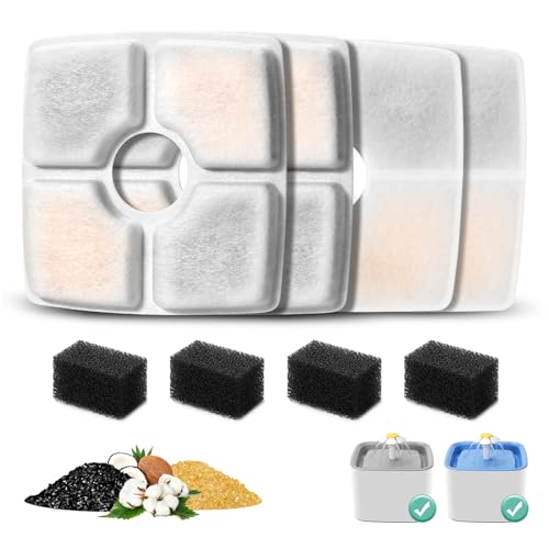4 Pack Replacement Filters & 4 Pack Pre-filter Sponges for 84oz/2.5L Automatic Pet Fountain, BFLICROY Cat Water Fountain Filter, Triple Filtration Pet Fountain Replacement Filters