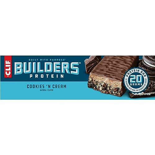 CLIF Builders - Cookies 'n Cream Flavor - Plant Based Protein Bars - Gluten Free - Non-GMO - Low Glycemic - 20g Protein - 2.4 oz. (12 Count)