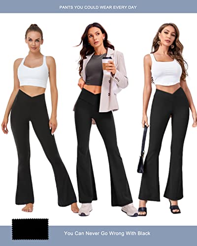 Aoliks Black Flare Leggings for Women, Crossover Wide Leg Yoga Pants High Waisted Bell Bottom Leggings